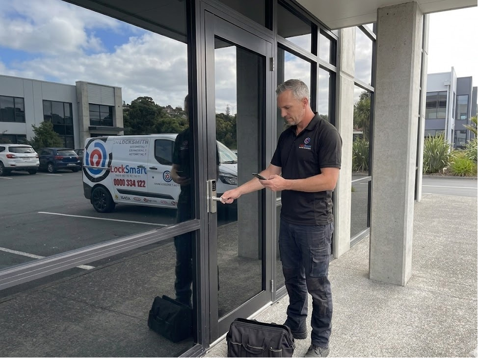 LockSmart locksmith installing an electronic keypad lock on a residential door in Auckland
